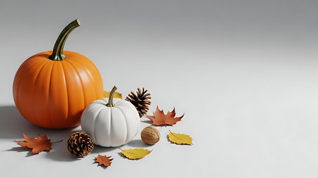 Pumpkin and autumn leaves on white background. 3d renderの素材