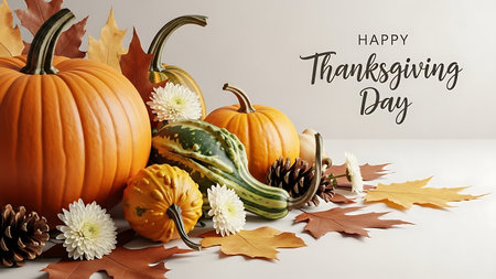 happy thanksgiving day text with pumpkins and autumn leaves on white backgroundの素材