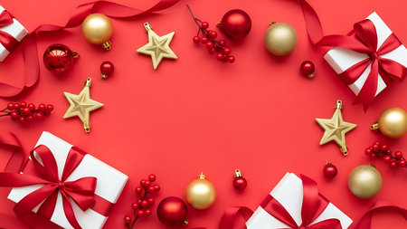 Christmas composition. Gifts, balls, ribbons on red background. Christmas, winter, new year concept. Flat lay, top view, copy spaceの素材