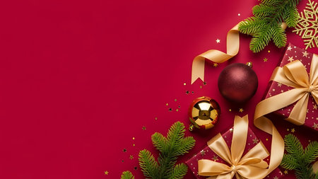 Christmas background with red gift box, fir tree branches and baubles on red background. Top view with copy space.の素材