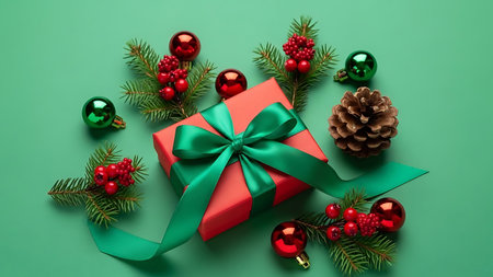 Christmas composition. Gifts, fir branches, Christmas decorations on green background. Flat lay, top view, copy spaceの素材
