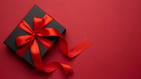 Black gift box with red ribbon bow on red background, top viewの素材