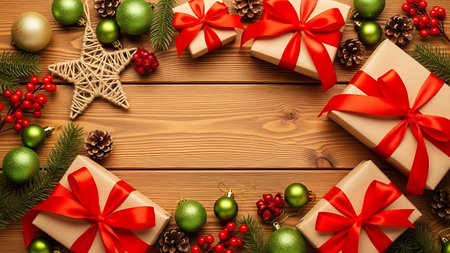 Christmas background with decorations and gift boxes on wooden table. Top view with copy spaceの素材