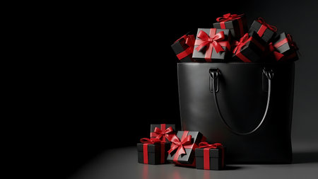 Black shopping bag with gift boxes on black background. 3d illustrationの素材