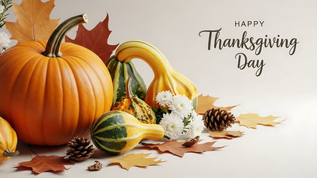 Happy Thanksgiving greeting card with pumpkins and autumn leaves on white backgroundの素材