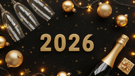 Happy New Year greeting card with champagne bottle and golden Christmas decorations on black background. 3D Renderingの素材