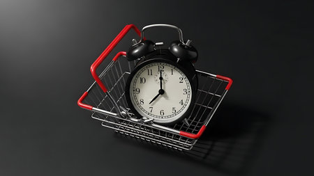 Black alarm clock in shopping cart on black background. 3D renderingの素材