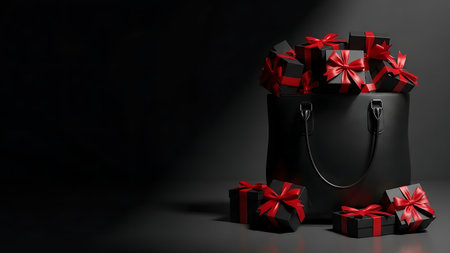 Black shopping bag with gift boxes on black background. 3D renderingの素材