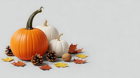 3d render of pumpkins and autumn leaves on white background.の素材