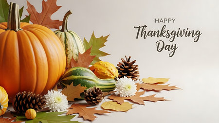 Happy Thanksgiving Day with pumpkins, autumn leaves and flowers on white backgroundの素材