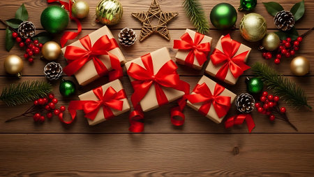 Christmas gifts and decorations on wooden background. Top view with copy spaceの素材