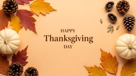 Thanksgiving day background with autumn leaves, pumpkins and pine conesの素材