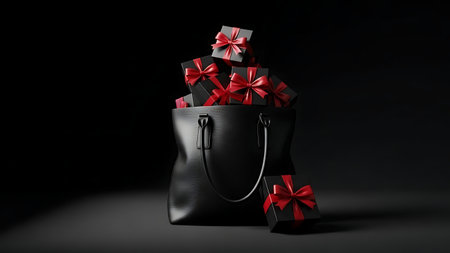 Black leather bag with gifts on a black background. 3d renderingの素材
