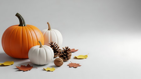 Pumpkin and autumn leaves on white background. 3d illustrationの素材