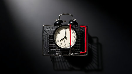 Black alarm clock in a shopping cart on a black background. Time to buy.の素材