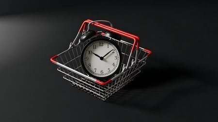 alarm clock in shopping basket on black background. 3d illustrationの素材