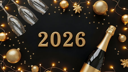Happy New Year 2026 celebration greeting card with champagne bottle, golden christmas ornaments on black background.の素材