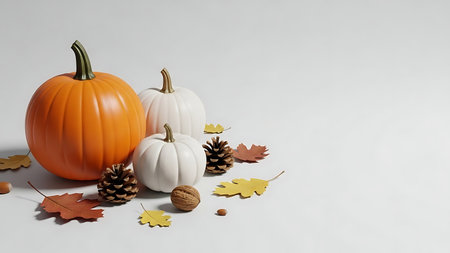 Autumn composition with pumpkins, pine cones and leaves on white backgroundの素材