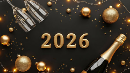 Happy New Year and Merry Christmas. Champagne bottle and golden christmas decorations on black background. 3D Renderingの素材