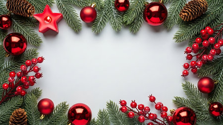 Christmas background with fir tree branches and red baubles on white backgroundの素材