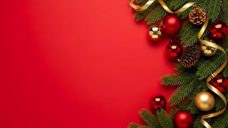 Christmas background with fir tree branches and red balls on red background.の素材
