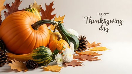 Thanksgiving day background with pumpkins and autumn leaves on white backgroundの素材