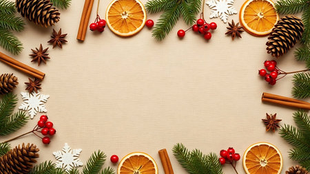 Christmas background with fir tree branches, cones, spices and dried orangesの素材