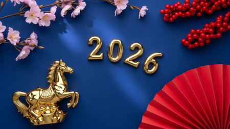 3d render of chinese new year background with golden horse and red fanの素材