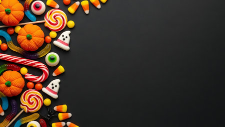 Halloween candies on black background. Top view with copy spaceの素材