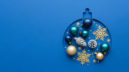 Christmas or New Year decoration on blue background with copy space. Top view.の素材