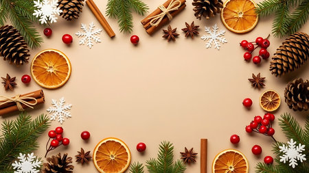 Christmas background with fir branches, cones, berries and spices on a beige backgroundの素材