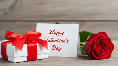 Happy Valentines Day with red rose and gift box on wooden backgroundの素材
