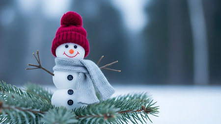 Christmas snowman with red hat and scarf on a snowy background.の素材