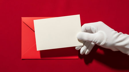 Hand in white glove holding envelope with blank card on red background.の素材
