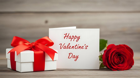 Valentines day background with red rose and gift box on wooden tableの素材