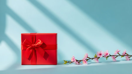 Red gift box with cherry blossoms on blue background. 3D renderingの素材