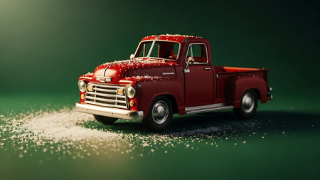 Vintage red pickup truck with snow on green background. 3d illustrationの素材