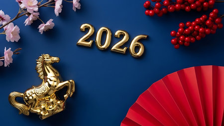 Chinese new year 2020, Year of the Horse, red fan and cherry blossomsの素材