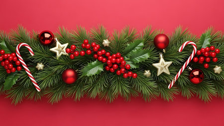 Christmas decoration with fir branches, holly berries and candy canes on red backgroundの素材