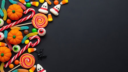 Colorful Halloween candies and lollipops on black backgroundの素材