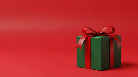 Green gift box with red bow on red background. 3D renderingの素材