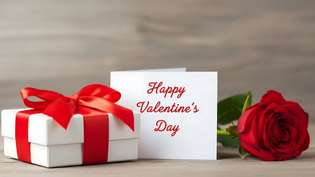 Valentine's day greeting card with red rose and gift boxの素材