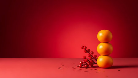 Orange and rowan berries on a red background. 3d renderingの素材