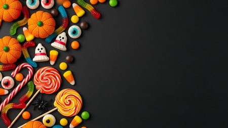 Halloween background with candies and pumpkins, top view. Space for textの素材