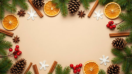 Christmas background with fir tree branches, dried oranges, cinnamon and star anise. Flat lay, top view, copy spaceの素材