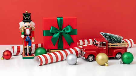 Christmas ornaments and gift box on a red background with copy spaceの素材