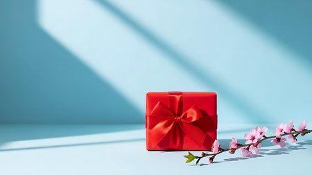Red gift box with a red bow on a blue background. 3d renderingの素材