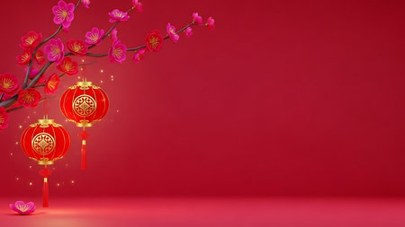 Chinese New Year background with red lanterns and plum blossom.の素材