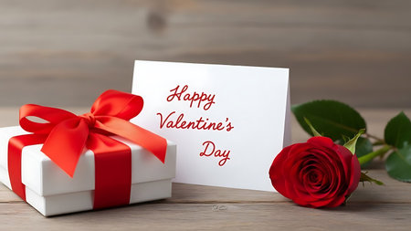 Happy Valentines Day with red rose and gift box on wooden backgroundの素材