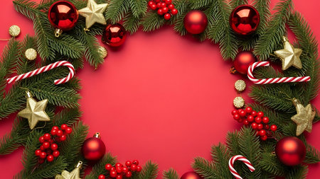 Christmas background with fir tree branches, red balls and candy canes on red background. Top view.の素材